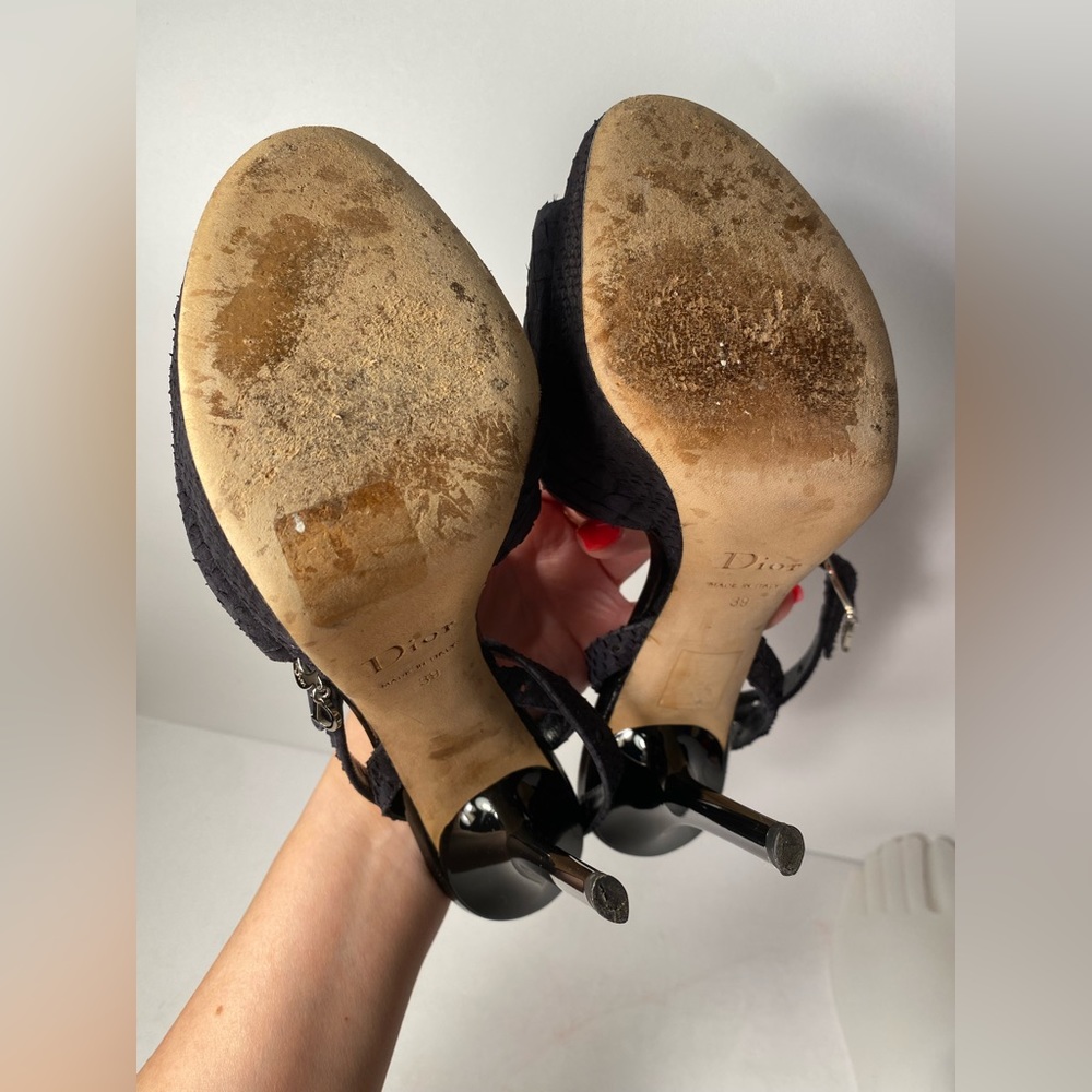 Christian Dior open toe snake embossed sandals heels black 39 - Picture 8 of 10